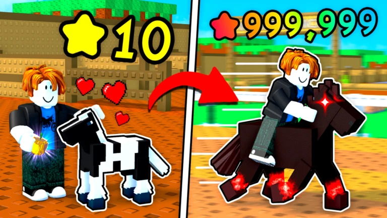 Horse RNG Roblox thumbnail showing a rider upgrading from a small horse to a glowing race horse